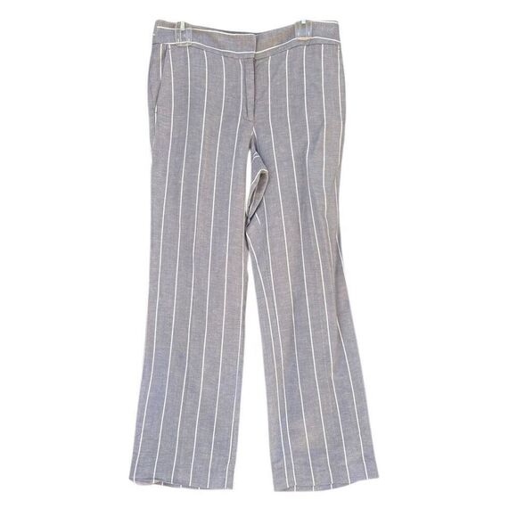 LOFT Gray White Striped Linen Career Pants Pocket Zip Button Women’s Medium P - Picture 1 of 7